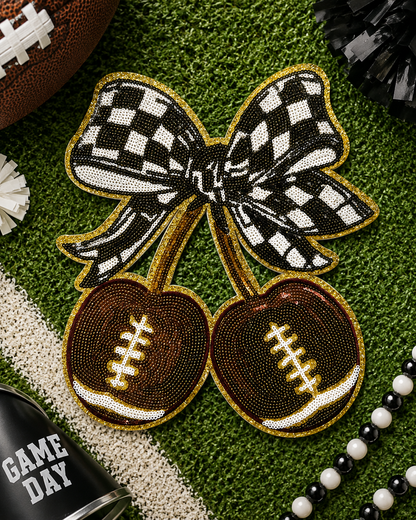 Football Bow Cherry Sequin Patch