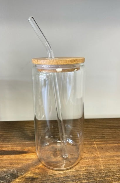 Glass Can with lid and straw